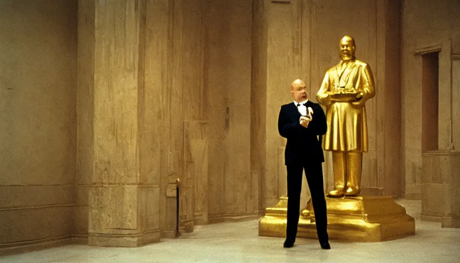 Prompt: movie still by tarkovsky portrait of a gold statue of lenin in an empty ballroom, cinestill 8 0 0 t 3 5 mm, heavy grain, high quality, high detail