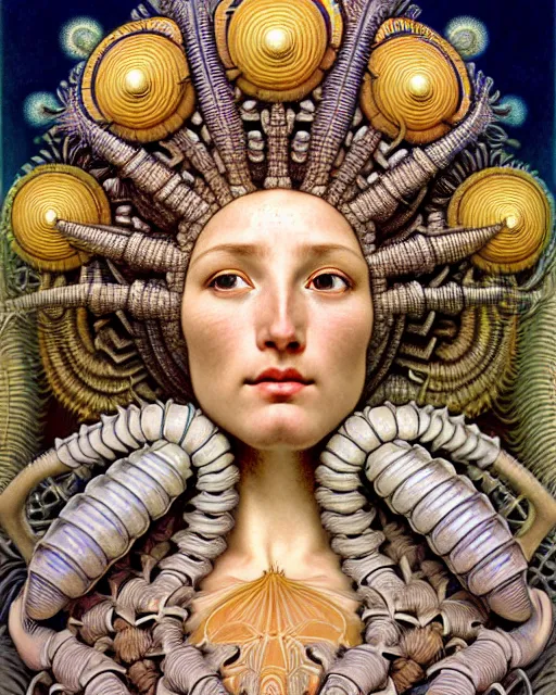 Prompt: hyperrealistic detailed face portrait of the beautiful goddess of the giant isopods with an intricate golden ornamental geometrical fractal giant isopod masked headdress, art by ernst haeckel, john william godward, android jones, alphonso mucha, h. r. giger, gothic - cyberpunk, ornamental, dimmed pastel colours,