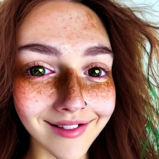 Prompt: beautiful hyperrealism hyperdetailed selfie of a cute young woman smiling softly, long light bronze brown hair, cute freckles, flushed face, red blush, small heart - shaped face, soft features, emerald green eyes, 8 k, sharp focus,