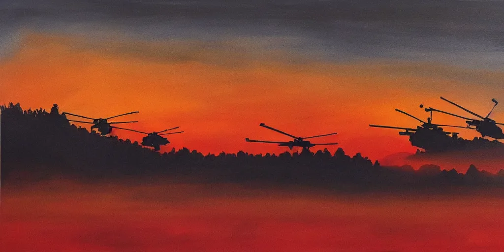 Image similar to Painting of vietnam Huey Helicopters, above a forest, orange sun set, abstract, realism, high details, glow, far, distance, over the horizon, drawn, 8k