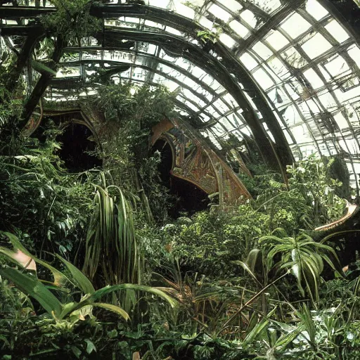 Image similar to old photo overgrown zaha hadid alphonse mucha spaceship ruins in jungle sunlight