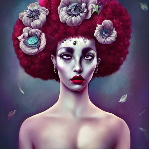 Image similar to of a woman with a afro , surreal Portrait inspired by Natalie Shau, Anna dittmann, plants growing on the head, horns,cinematic