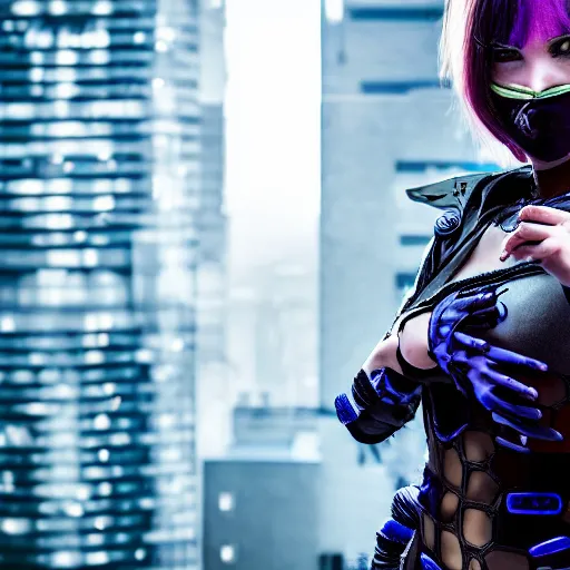 Image similar to photo of a real-life beautiful cyberpunk female ninja