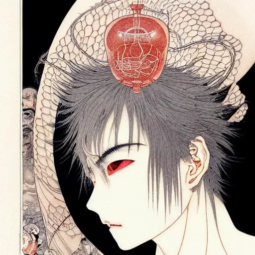 Prompt: prompt: Fragile looking character soft light portrait face drawn by Takato Yamamoto and Katsuhiro Otomo, tattooed face, inspired by Akira 1988 anime, alchemical objects on the side, soft light, intricate detail, intricate gouache painting detail, sharp high detail, manga and anime 2010