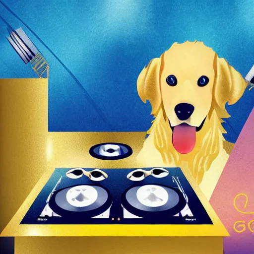 Image similar to a DJ golden Retriever playing at a nightclub, illustration