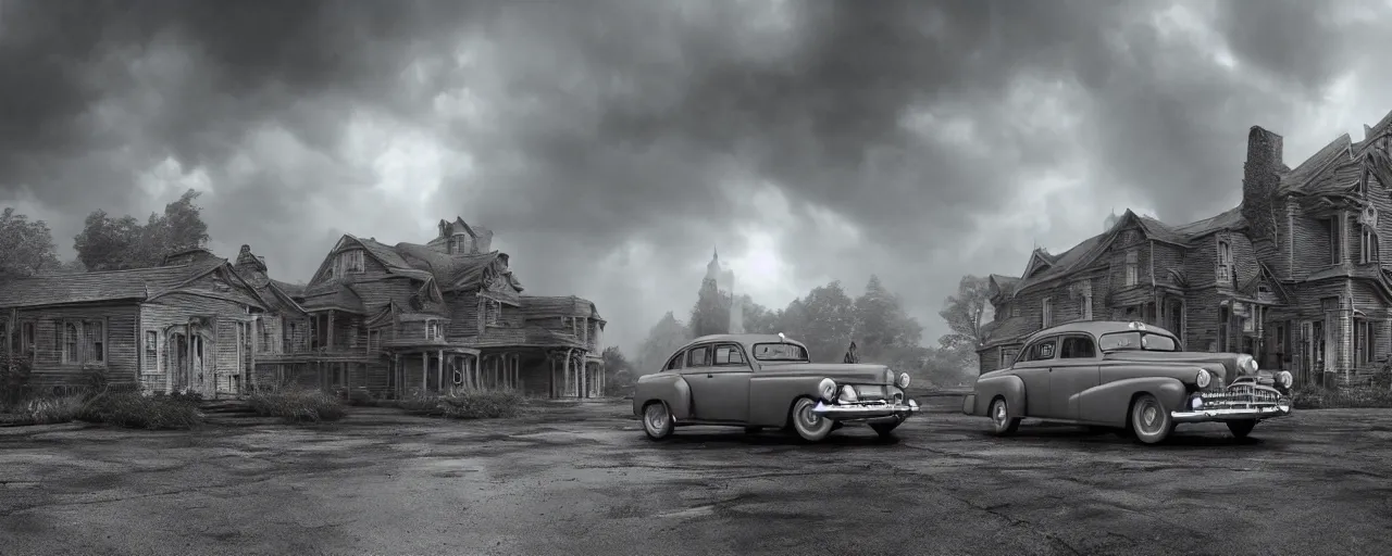 Prompt: Lovecraft Country, ultra detailed haunted house, ultra detailed storm clouds, establishing atmospheric shot, octane renderer, unreal engine, F11 aperture, night, volumetric fog, lighting and thunder, stormy weather, ultra detailed rain drops, reflections, film grain, single ultra detailed grey 1948 Packard Station Sedan parked in the street,