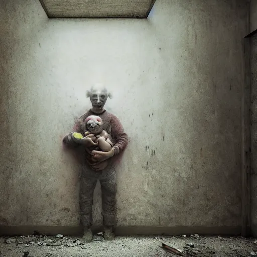 Image similar to a clown holding a baby inside an abandoned hospital, beksinski, dariusz zawadzki, symmetrical, surreal, magic surrealism, very coherent symmetrical artwork, cinematic, hyper realism, high detail, octane render, 8 k