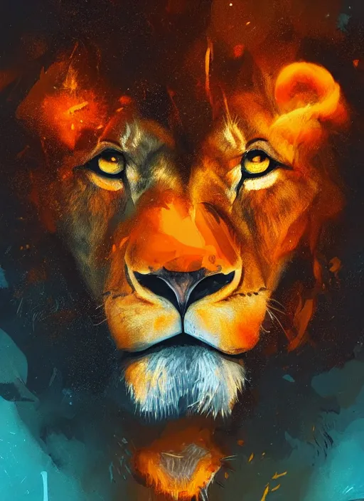 Image similar to a painting of a lion's face with orange and yellow smoke coming out of, a digital painting by petros afshar, behance contest winner, digital art, behance hd, digital illustration, digital painting