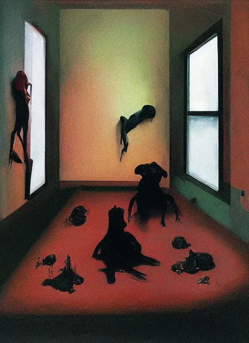 Image similar to two dark figures laughing and a black dog inside a decayed contemporary with spherical people and Oxygen tanks at flooded living room Edward Hopper and James Gilleard, Zdzislaw Beksinski, open ceiling, highly detailed, painted by Francis Bacon, painted by James Gilleard, surrealism, airbrush, Ilya Kuvshinov, WLOP, Stanley Artgerm, very coherent, art by Takato Yamamoto and James Jean