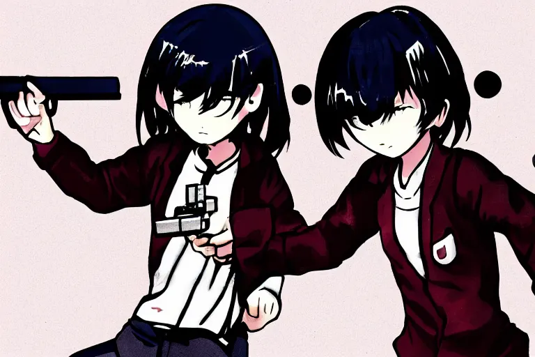 Prompt: omori game holding a gun