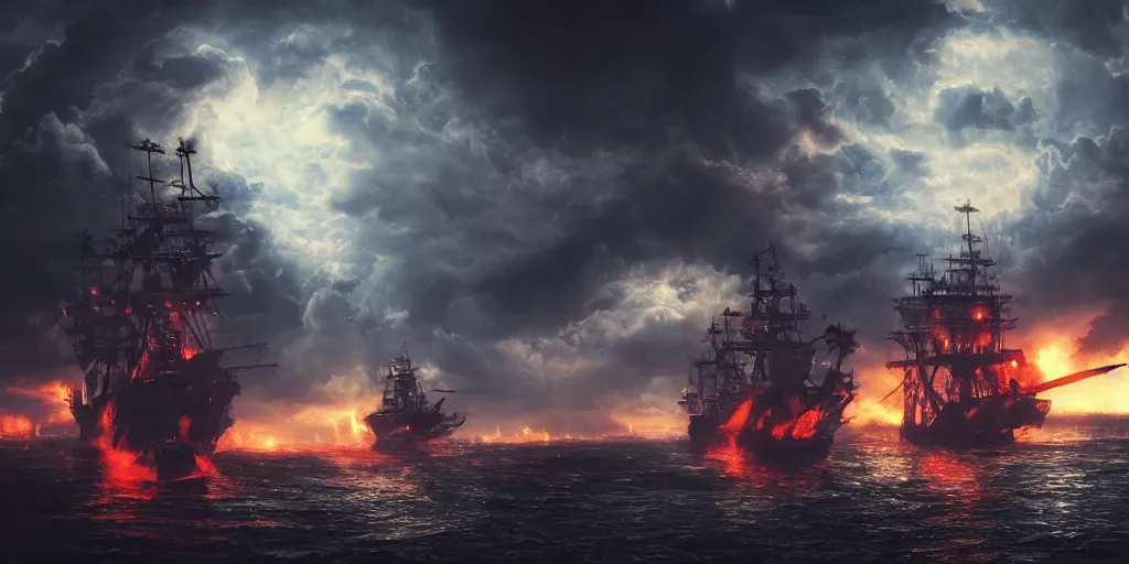 Prompt: pirate ships at war at night, a giant kraken attacking the ships, dramatic clouds, storm, smoke, fire, chaos, photo realistic, 8k, artstation, Blade runner, neon signs in the distance, dark, cinematic, high contrast, epic