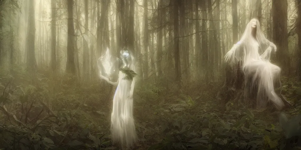 Prompt: a ghost lady of the forest with wood spirit in the trees with will o the wisp, photorealistic, by wlop, 4 k resolution h 7 6 8