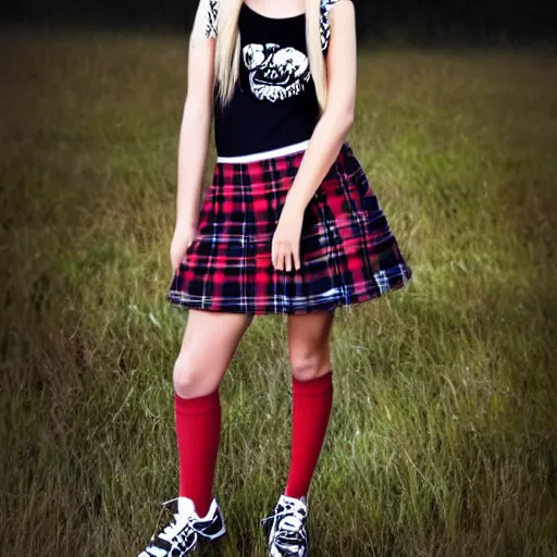 Image similar to female jade weber model teenage goth photography plaid mini skirt band shirt beautiful face, dramatic light darkroom