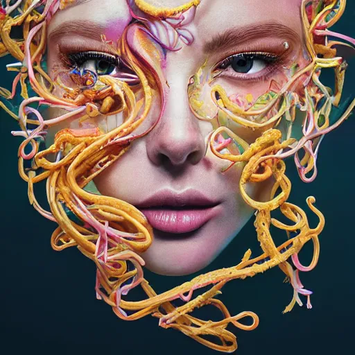 Image similar to the portrait of a ridiculously beautiful and elegant woman partially made of onion rings of all colors, an ultrafine detailed illustration by james jean, final fantasy, intricate linework, bright colors, behance contest winner, vanitas, angular, altermodern, unreal engine 5 highly rendered, global illumination, radiant light, detailed and intricate environment