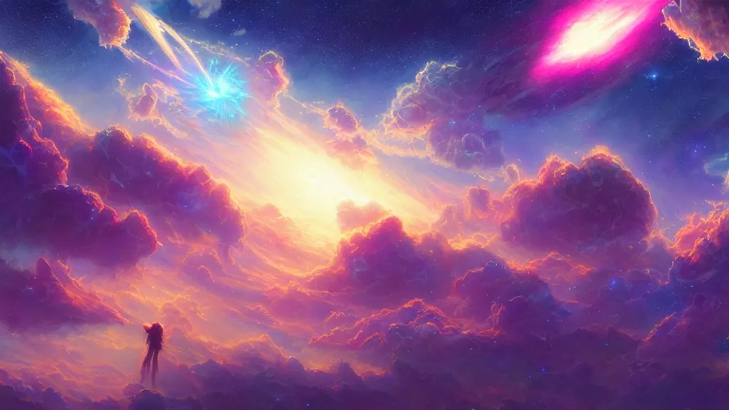 Prompt: nebula gasses in the background up high by Gene Raz Von Edler, fantasy magic angel concept art by Donato Giancola, Cloudscape above the clouds by Adam Paquette, A floating island with anime aesthetic, Rendered in Octane, cinematic, Highly Detailed