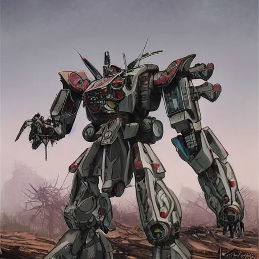 Image similar to beautiful picture of a giant Mecha, post-apocalyptic wasteland, skulls, anime style, art by Yasuhiko Yoshikazu, trending on Artstation