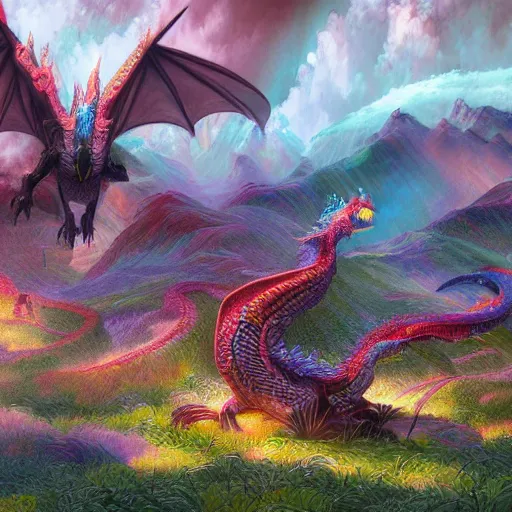 Image similar to concept art painting of a psychedelic dragon landscape made of thousands of dragons, realistic, detailed, cel shaded, in the style of makoto shinkai and greg rutkowski and james gurney