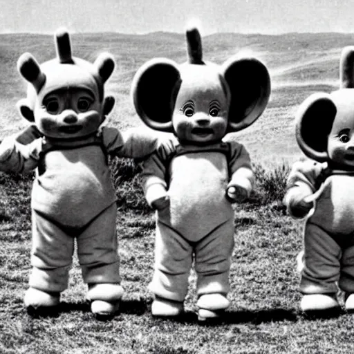 Image similar to old photo of teletubbies wearing japanese soldier gear