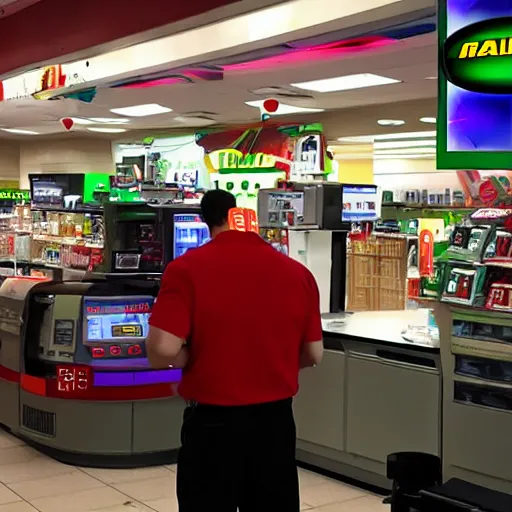 Prompt: Accidents, The Hulk working as a 7/11 cashier using a red laser scanner, cash register, red laser scanner, wide wide shot, very detailed, beautiful lighting, red laser, broken counter, broken, fire, smoke