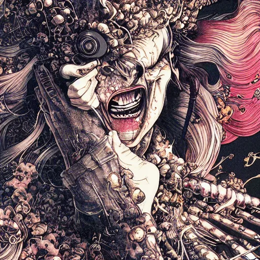 Image similar to closeup of face melting, by yoichi hatakenaka, masamune shirow, josan gonzales and dan mumford, ayami kojima, takato yamamoto