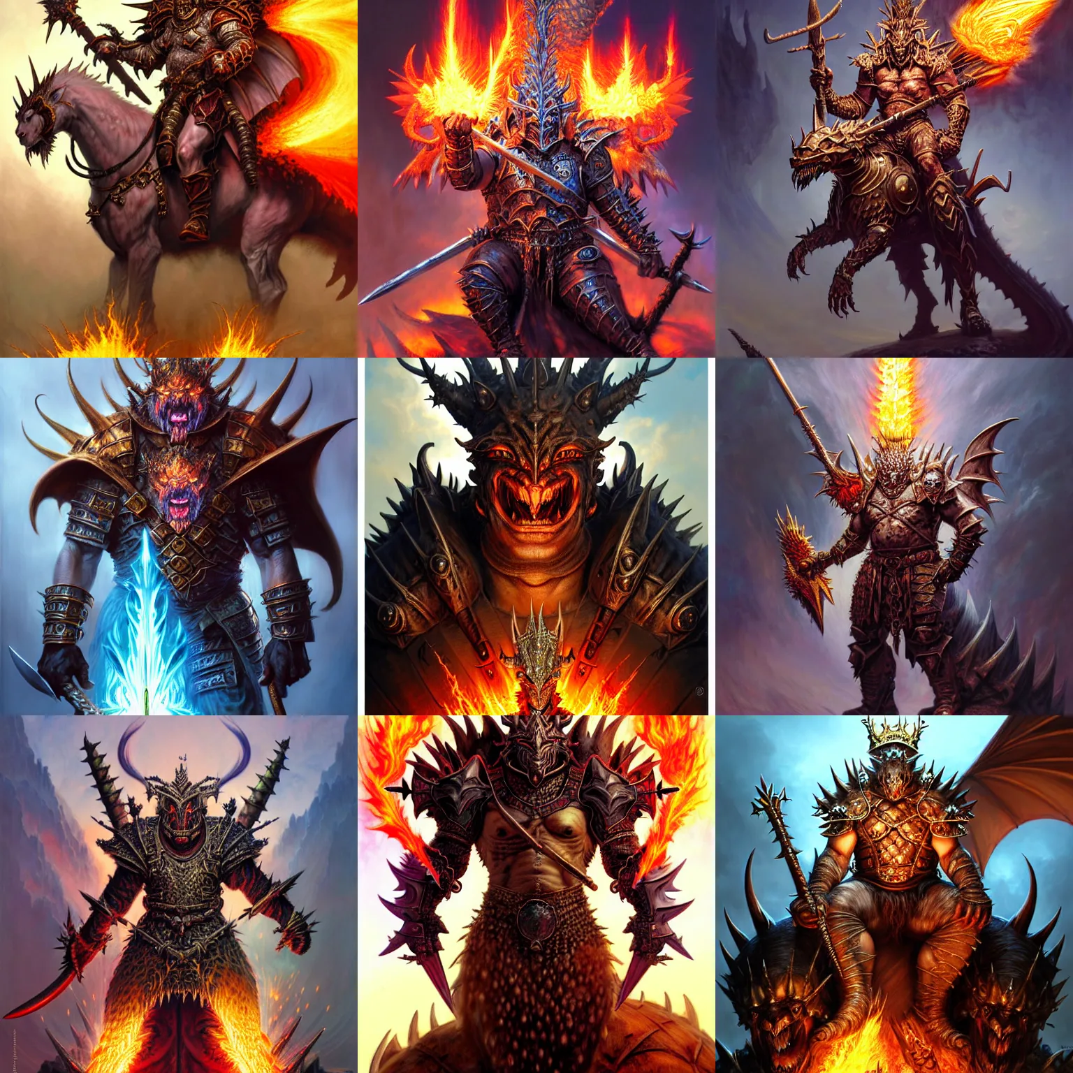 Prompt: fantasy character portrait orc king in spiky armor with aura on fire wearing a dragon mask sitting on tiger cavalry holding an axe ultra realistic wide angle intricate details long shot highly detailed by peter mohrbacher hajime sorayama wayne barlowe boris vallejo aaron horkey gaston bussiere craig mullins