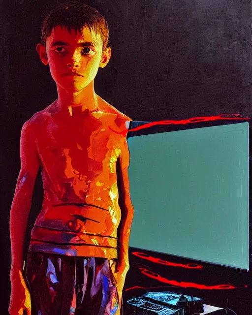 Image similar to an 8 years old enlightened and scared boy standing in front of an old computer from 90s with a game doom2 at the monitor screen painted by Adrian Ghenie and Willem de Kooning and Cy Twombly, still from a movie by Gaspar Noe and James Cameron. expressive acrylic flowing smudged painting