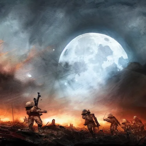 Image similar to a world war 1 battleground under a full moon, digital painting, mixed media, trending on artstation and deviantart, epic composition, highly detailed, 8 k