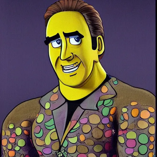 Prompt: nic cage as spongebob squarepants, buff, painted portrait, highly detailed,