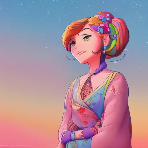 Image similar to a beautiful female disney styled character, ultra detailed, sunrise, portrait, hyper colorful, super coherent, symmetry, trending on artstation, by studio ghibli