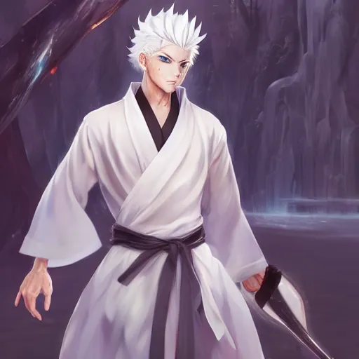 Prompt: white haired parted down the middle, wearing white hakama anime man with black sclera, full body portrait made by Stanley Artgerm, WLOP, Rossdraws, James Jean Andrei Riabovitchev, Marc Simonetti, Yoshitaka Amano, Artstation