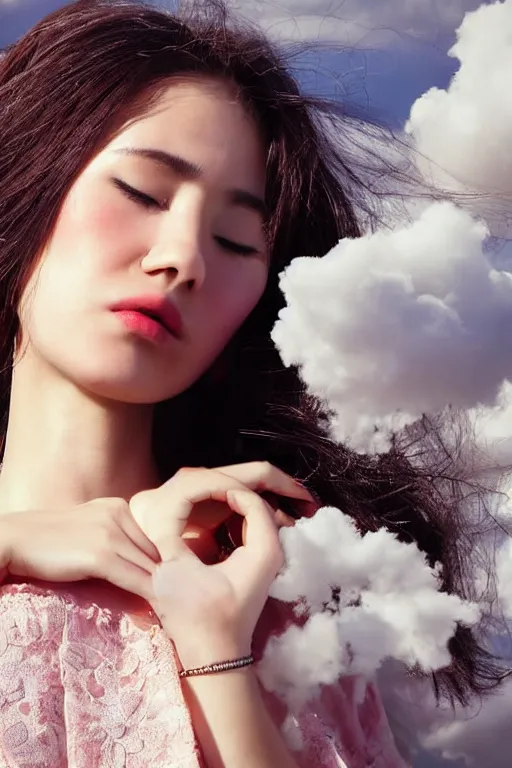 Image similar to close - up fashion woman portrait airy flowers clouds