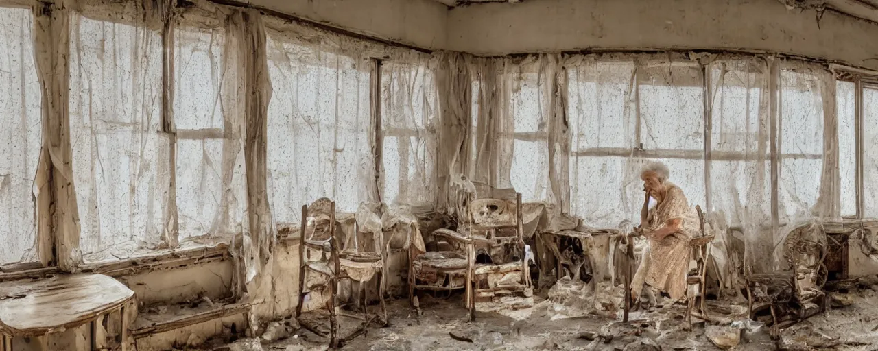 Prompt: a white dirty room, with broken wooden windows, an old woman is sitting on a chair in the middle, golden hour, dust is visible, masterpiece 4k, intricate details, realistic, panoramic view, Hyperdetailed, 8k resolution, photorealistic