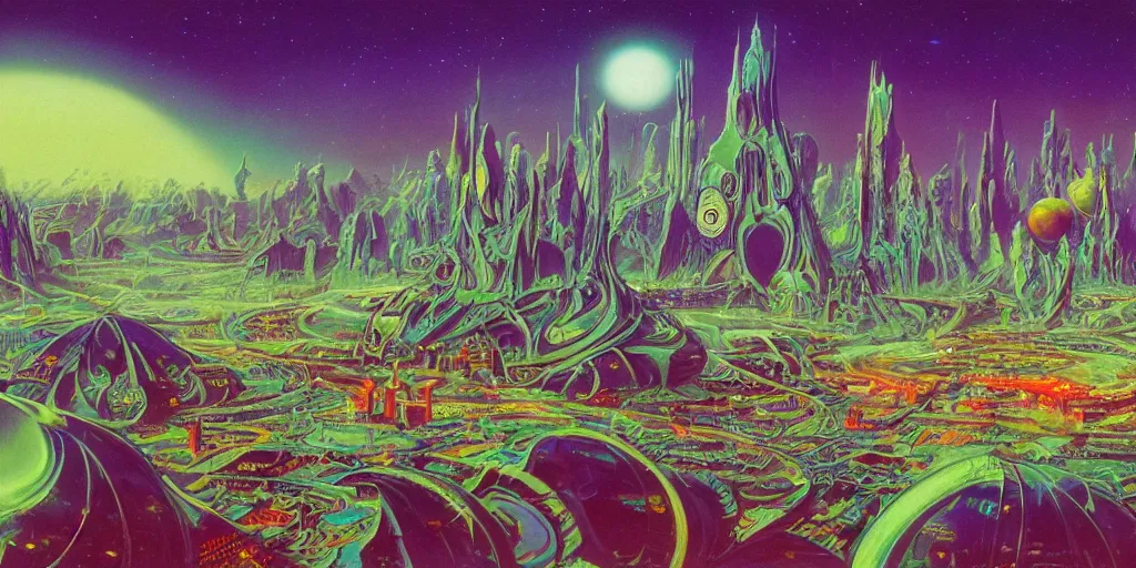 Image similar to a psychedelic retro sci fi city in space by roger dean, digital art, trending on artstation, 4k