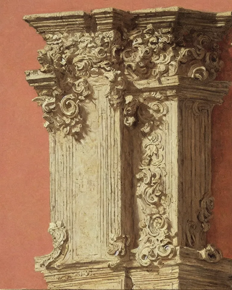 Prompt: achingly beautiful painting of intricate ancient roman corinthian capital on peach background by rene magritte, monet, and turner. giovanni battista piranesi.