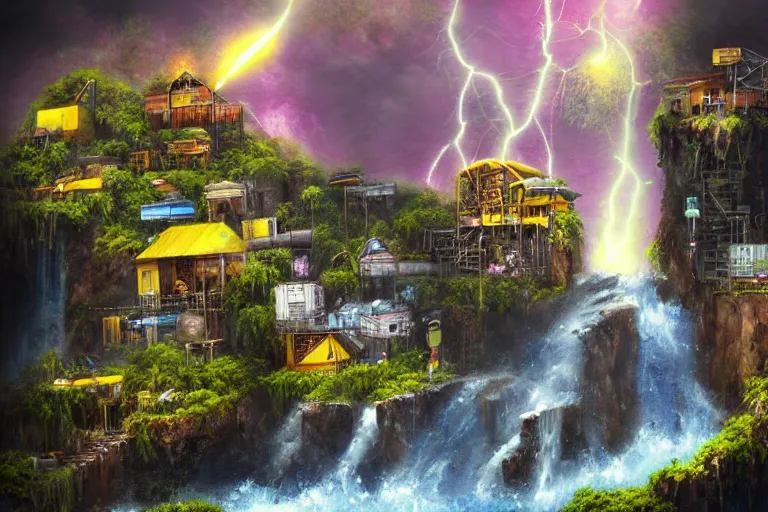 Image similar to waterfall favela honeybee hive, mission environment, lightning, industrial factory, award winning art, epic dreamlike fantasy landscape, ultra realistic,