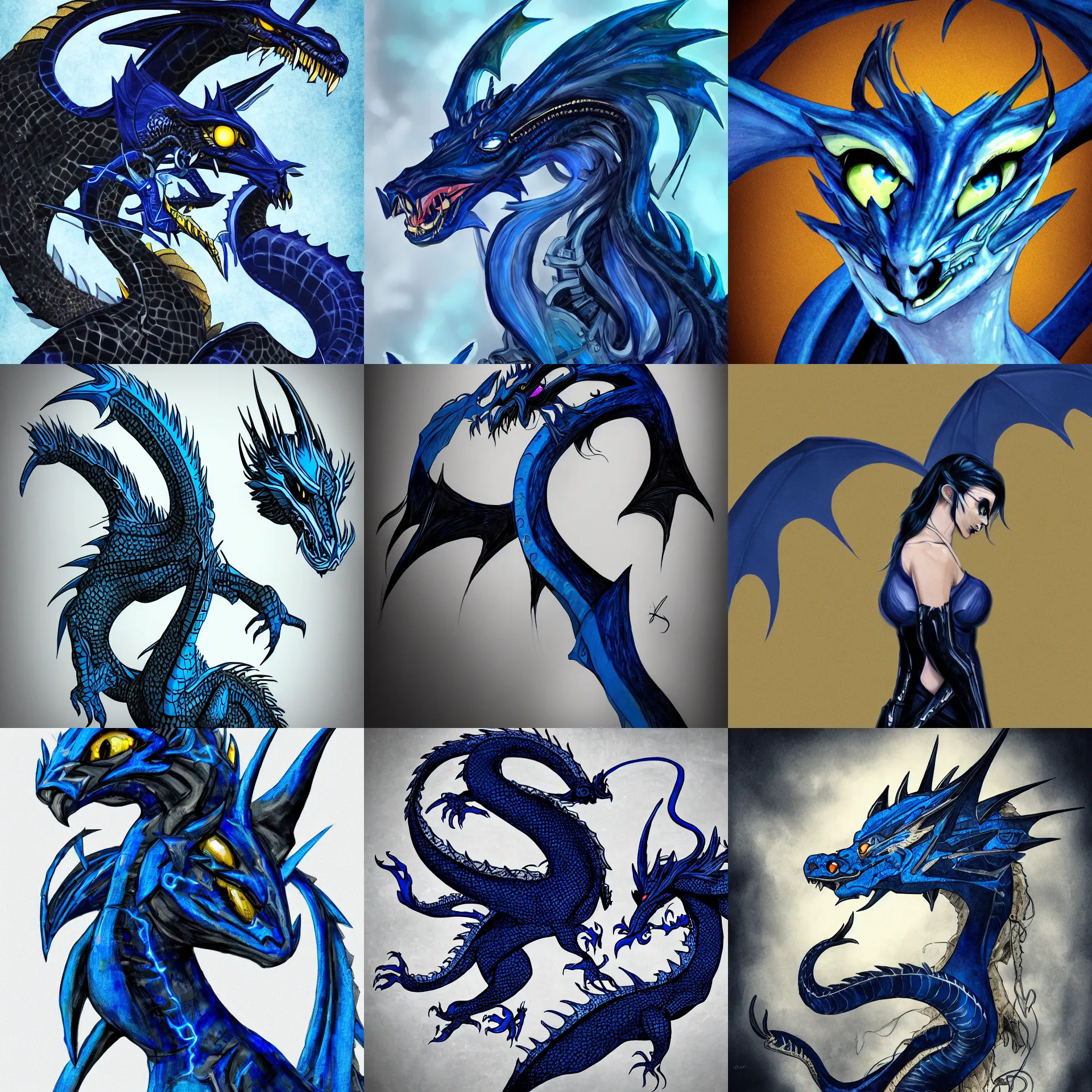 Prompt: cyber noir portrait of a blue and black female dragon