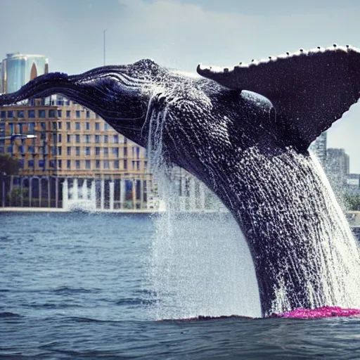 Prompt: close - up photo of a multicolor whale leaping straight up from the middle of a roundabout a city roundabout. people watch and cheer. national geographic cover image.