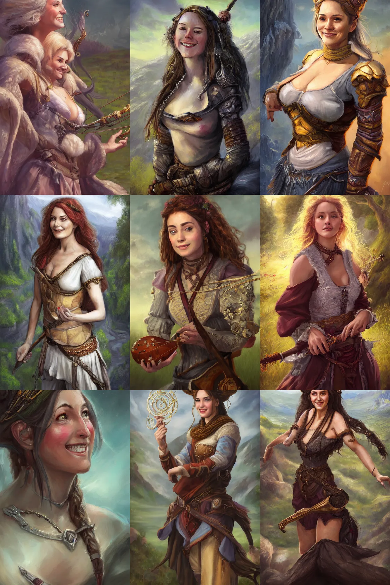 Image similar to a full body high detail fantasy portrait oil painting illustration of a single beautiful smiling bard woman by justin sweet with face and body clearly visible, in a scenic background, pretty eyes, realistic proportions, d & d, rpg, forgotten realms, artstation trending, high quality, sombre mood, artstation trending, muted colours, entire person visible!