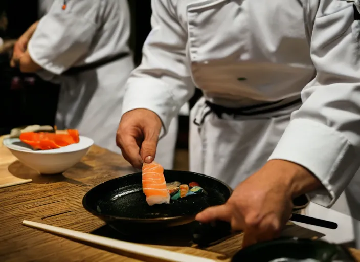 Image similar to a 2 8 mm macro photo from the back of a sushi chef preparing sushi in a commercial kitchen, splash art, movie still, bokeh, canon 5 0 mm, cinematic lighting, dramatic, film, photography, golden hour, depth of field, award - winning, anamorphic lens flare, 8 k, hyper detailed, 3 5 mm film grain