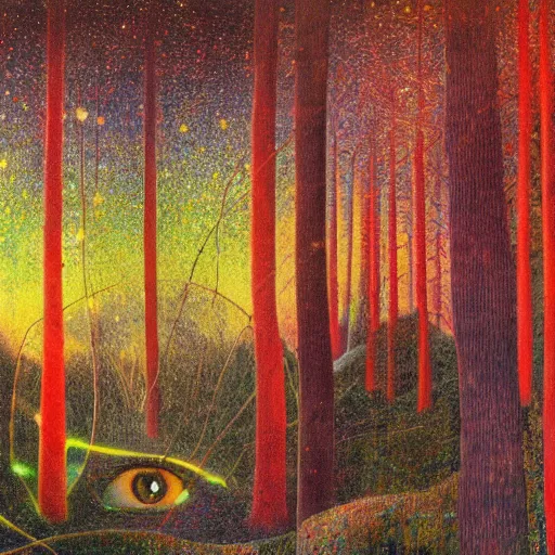 Image similar to psychedelic lush pine forest, outer space, milky way, amber eyes cat eyes designed by arnold bocklin, jules bastien - lepage, tarsila do amaral, wayne barlowe and gustave baumann, cheval michael, trending on artstation, star, sharp focus, colorful refracted sparkles and lines, soft light, 8 k 4 k