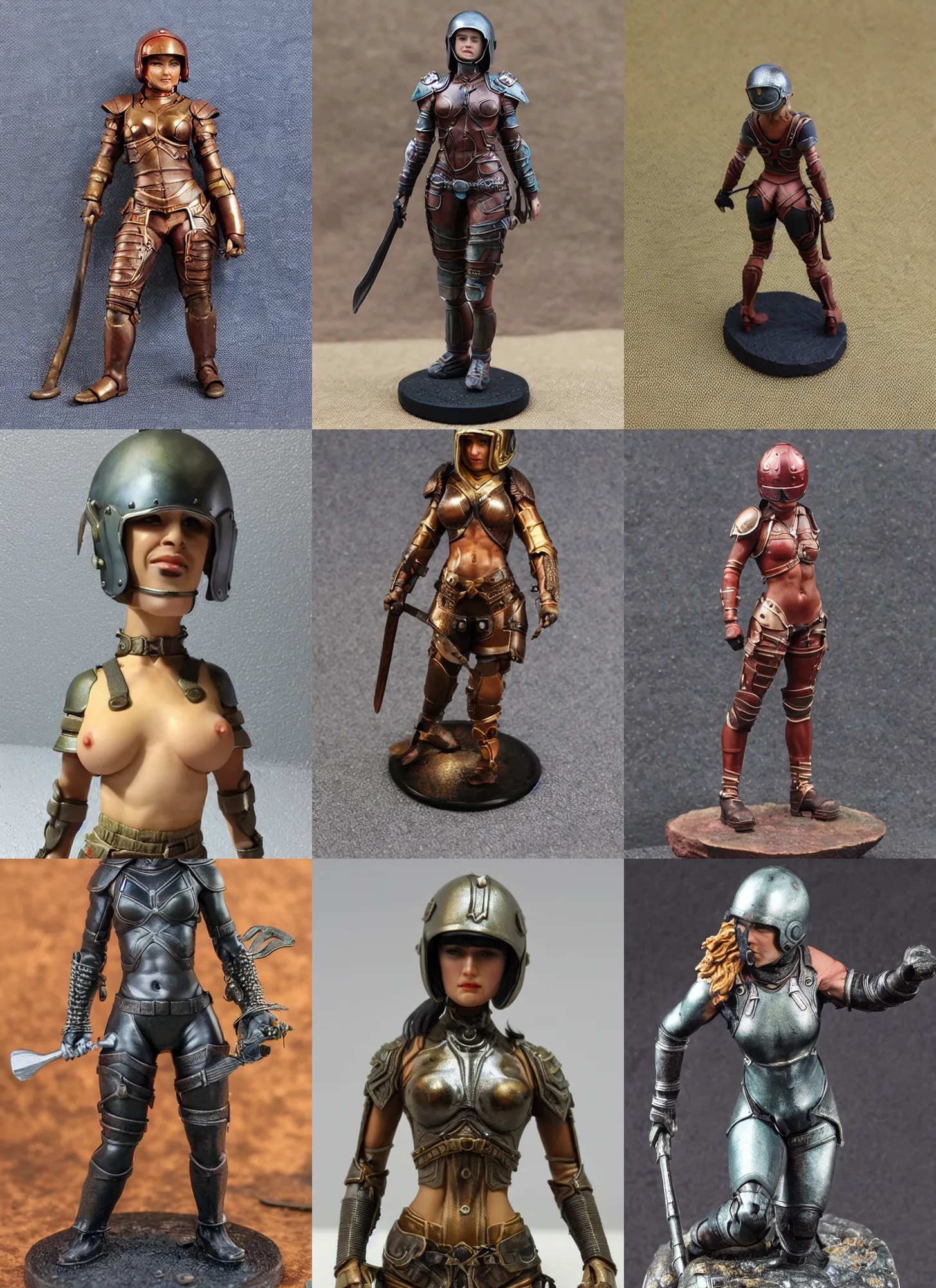 Prompt: 80mm resin detailed miniature of a helmeted muscular woman in full-face iron helmet, abdominal muscles, navel, boots, on textured disc base; Product Introduction Photos, 4K, Full body, view from front