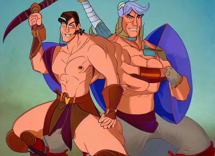 Image similar to official digital painting artwork of a male warrior character by don bluth.