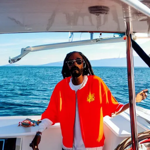 Image similar to snoop dogg sailing a boat