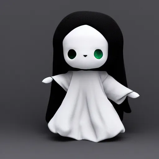 Prompt: cute fumo plush of a yurei lurking in the dark, black and white, found footage, vray