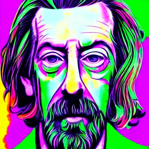 Prompt: psychedelic portrait of alan watts, colorful, abstract, detailed,