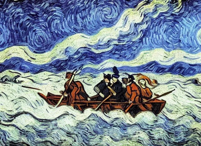 Prompt: Washington Crossing the Delaware, Dramatic Portrait Oil on Canvas, Heroic Patriotic Godd Bless America, Artwork by Vincent van Gogh