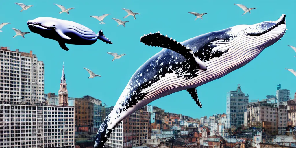 Image similar to photography collage of whale flying over a building, wearing fashion clothing, id magazine, hyperrealism, detailed textures, photorealistic, 3 d city, ultra realistic,