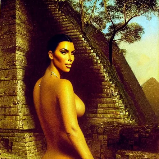 Prompt: detailed portrait of kim kardashian in mayan pyramid jungle ruins by rudolf ernst