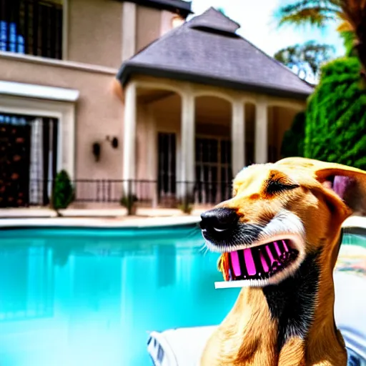 Image similar to a very detailed photo of a dog smoking a cigar outside the mansion by the pool