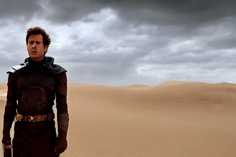 Prompt: a cinematic wide angle shot of a man in his early twenties, in the 2 0 2 1 movie dune, stormy weather, dry, film still, cinematic, dramatic lighting, by zack snyder